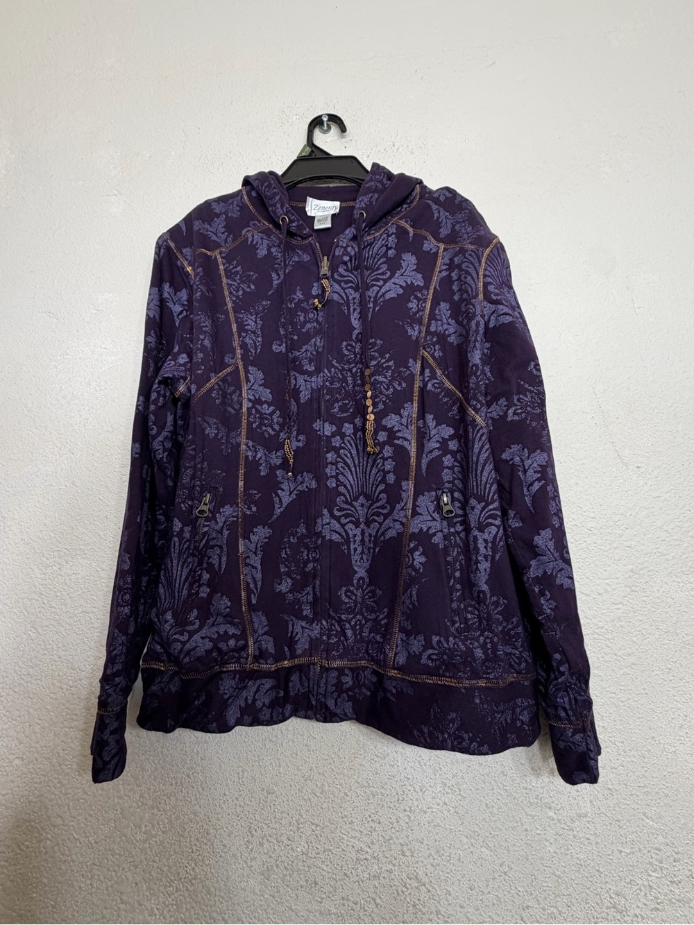 Zenergy by Chicos Purple Damask Metallic Full Zip Hoodie Sweatshirt Size 2 L